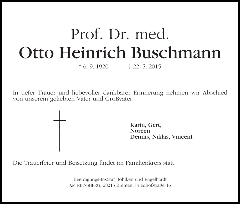 Traueranzeige von Otto Heinrich Buschmann von WESER-KURIER