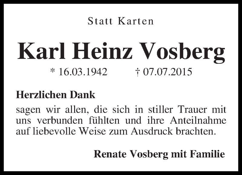 Traueranzeige von Karl Heinz Vosberg von WESER-KURIER