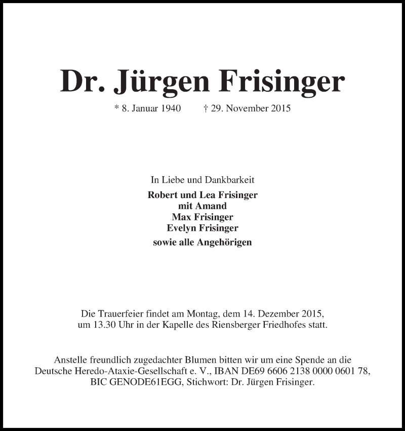 Traueranzeige von Jürgen Frisinger von WESER-KURIER