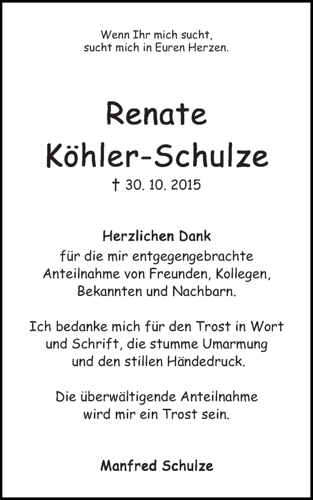 Traueranzeige von Renate Köhler-Schulze von WESER-KURIER