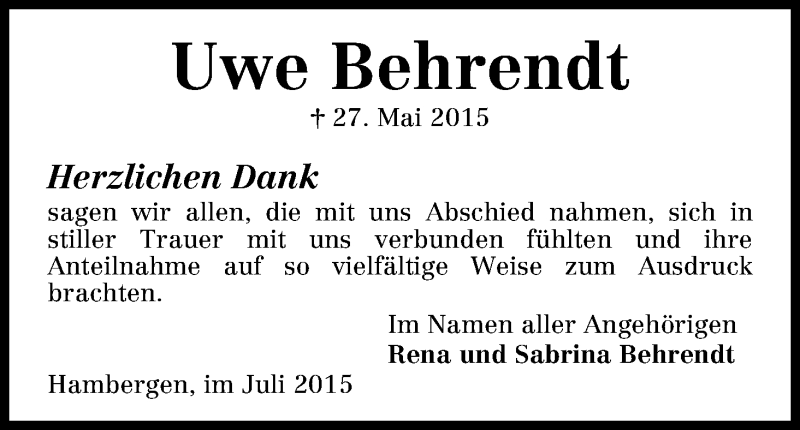 Traueranzeige von Uwe Behrendt von Osterholzer Kreisblatt