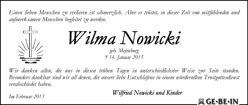 Traueranzeige von Wilma Nowicki von WESER-KURIER