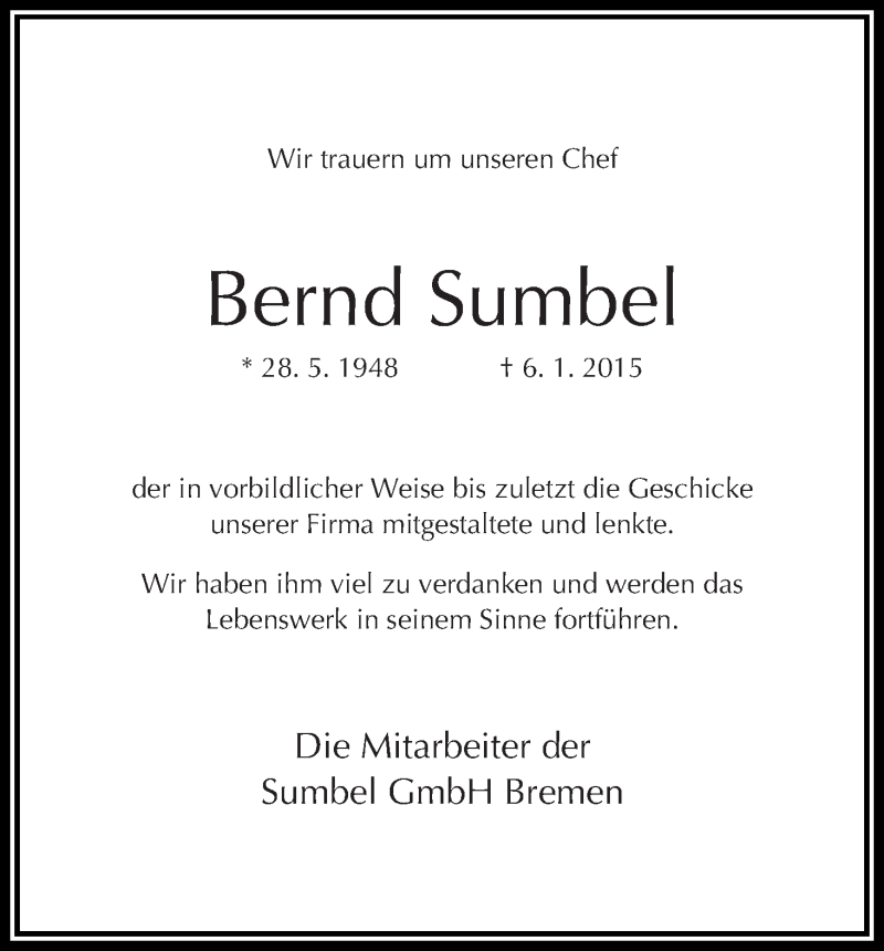 Traueranzeige von Bernd Sumbel von WESER-KURIER