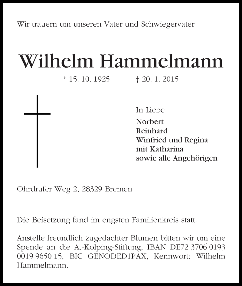 Traueranzeige von Wilhelm Hammelmann von WESER-KURIER