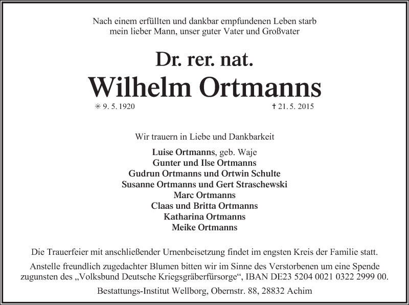 Traueranzeige von Wilhelm Ortsmann von WESER-KURIER