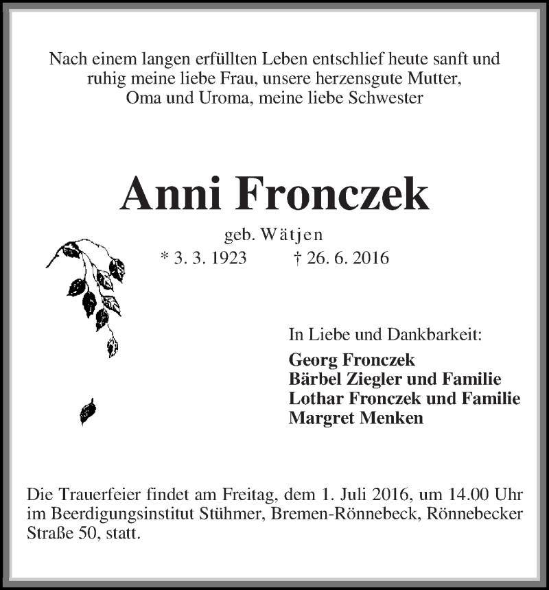 Traueranzeige von Anni Fronczek von Die Norddeutsche