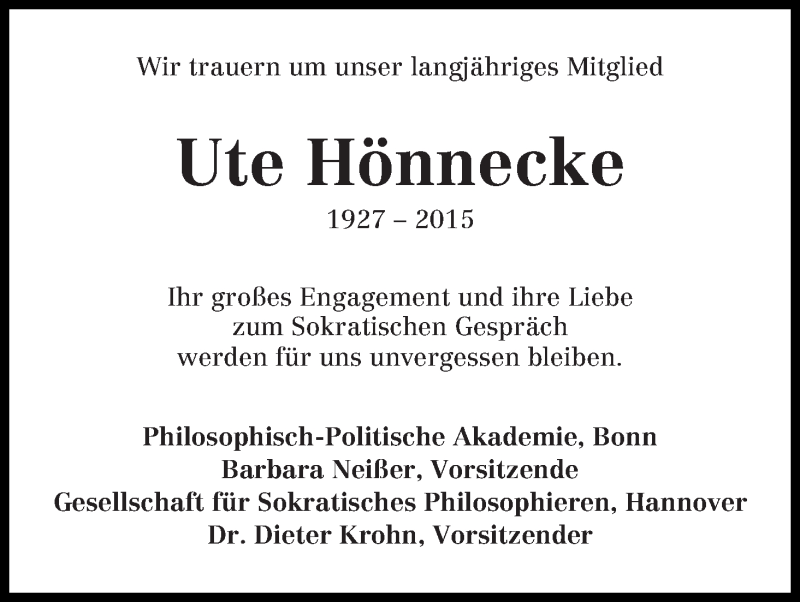 Traueranzeige von Ute Hönnecke von WESER-KURIER