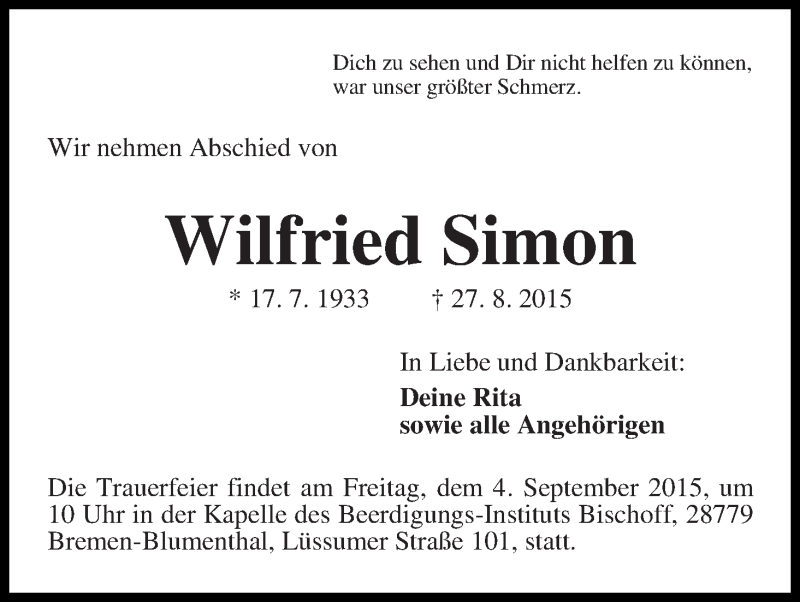 Traueranzeige von Wilfried Simon von Die Norddeutsche