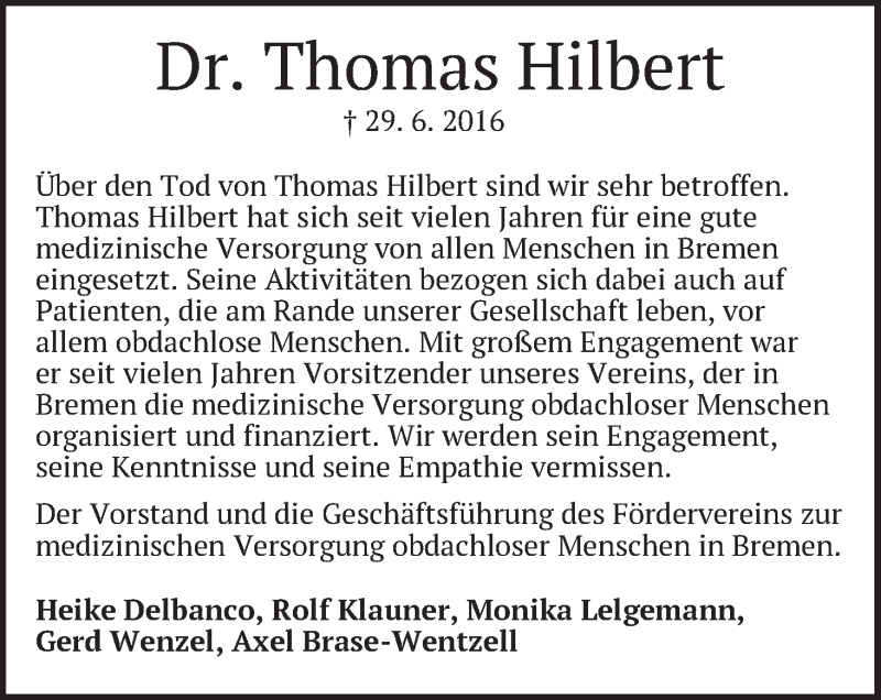 Traueranzeige von Thomas Hilbert von WESER-KURIER