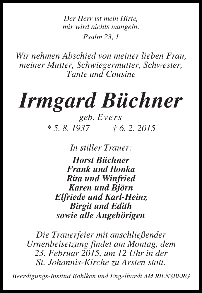 Traueranzeige von Irmgard Büchner von WESER-KURIER