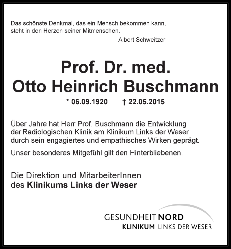 Traueranzeige von Otto Heinrich Buschmann von WESER-KURIER