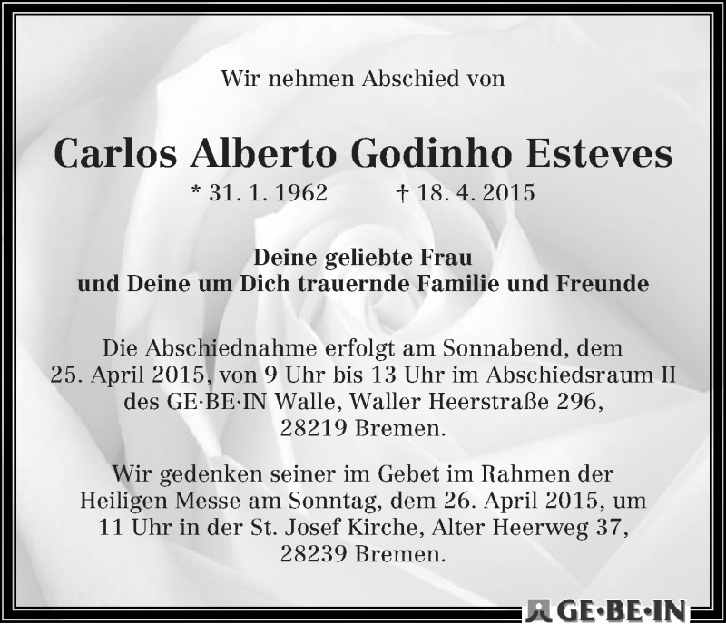 Traueranzeige von Carlos Alberto Godinho Esteves von WESER-KURIER