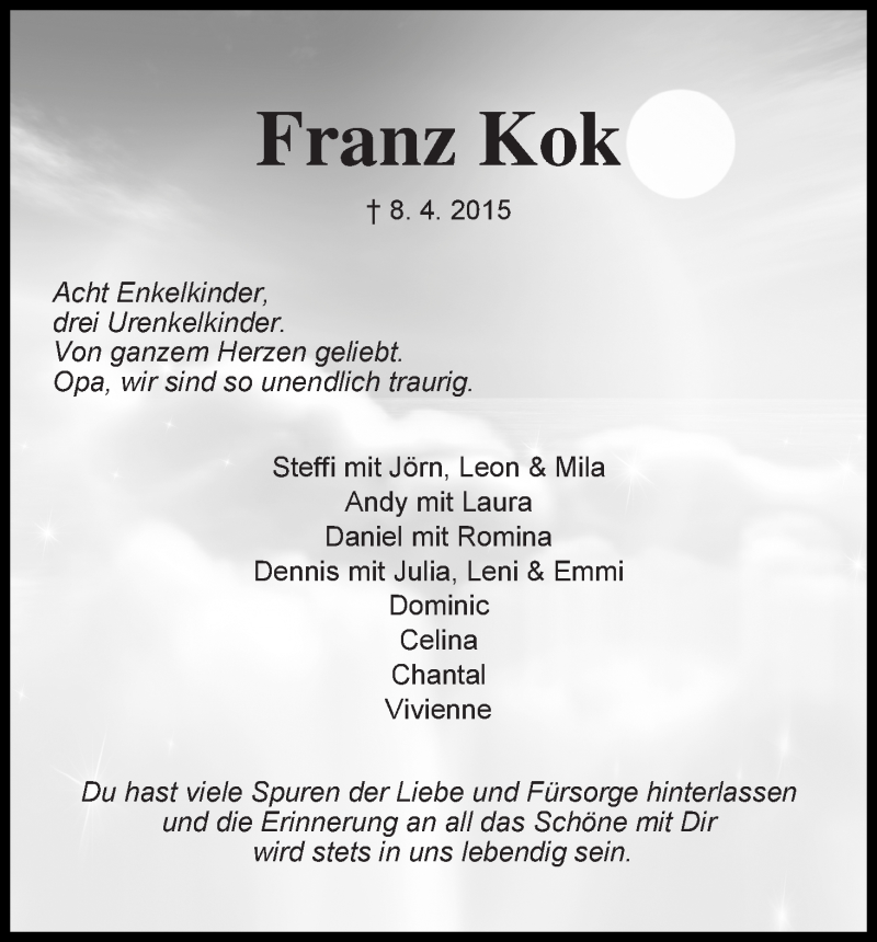 Traueranzeige von Franz Kok von Die Norddeutsche