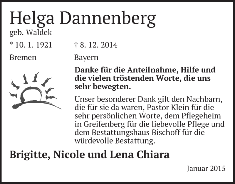 Traueranzeige von Helga Dannenberg von Die Norddeutsche
