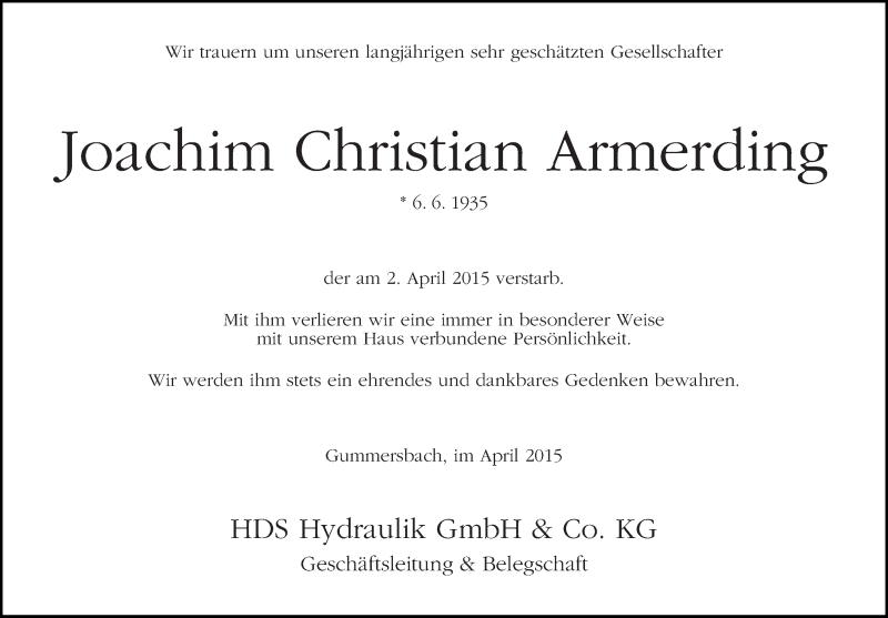 Traueranzeige von Joachim Christian Armerding von WESER-KURIER