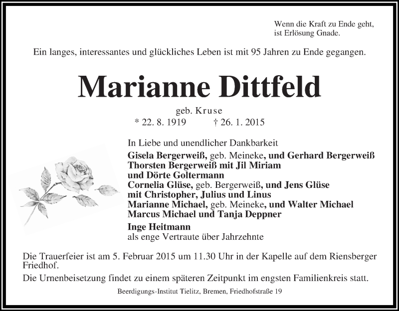 Traueranzeige von Marianne Dittfeld von WESER-KURIER