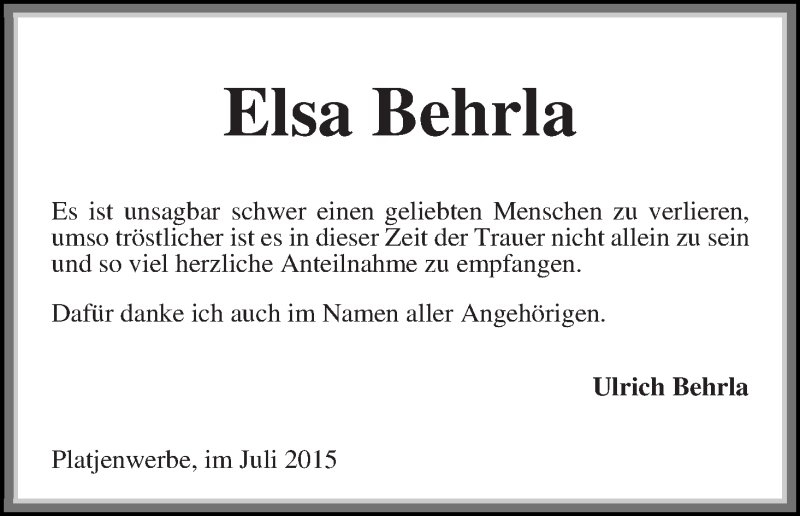 Traueranzeige von Elsa Behrla von Die Norddeutsche