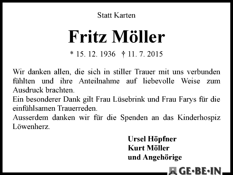 Traueranzeige von Fritz Möller von WESER-KURIER