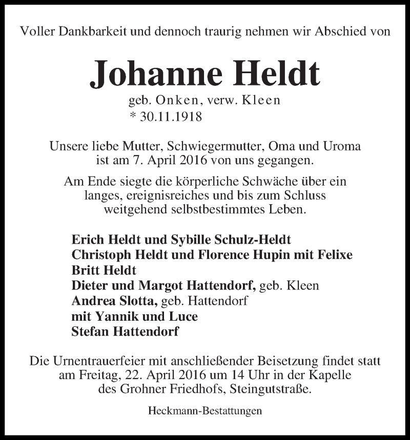 Traueranzeige von Johanne Heldt von Die Norddeutsche