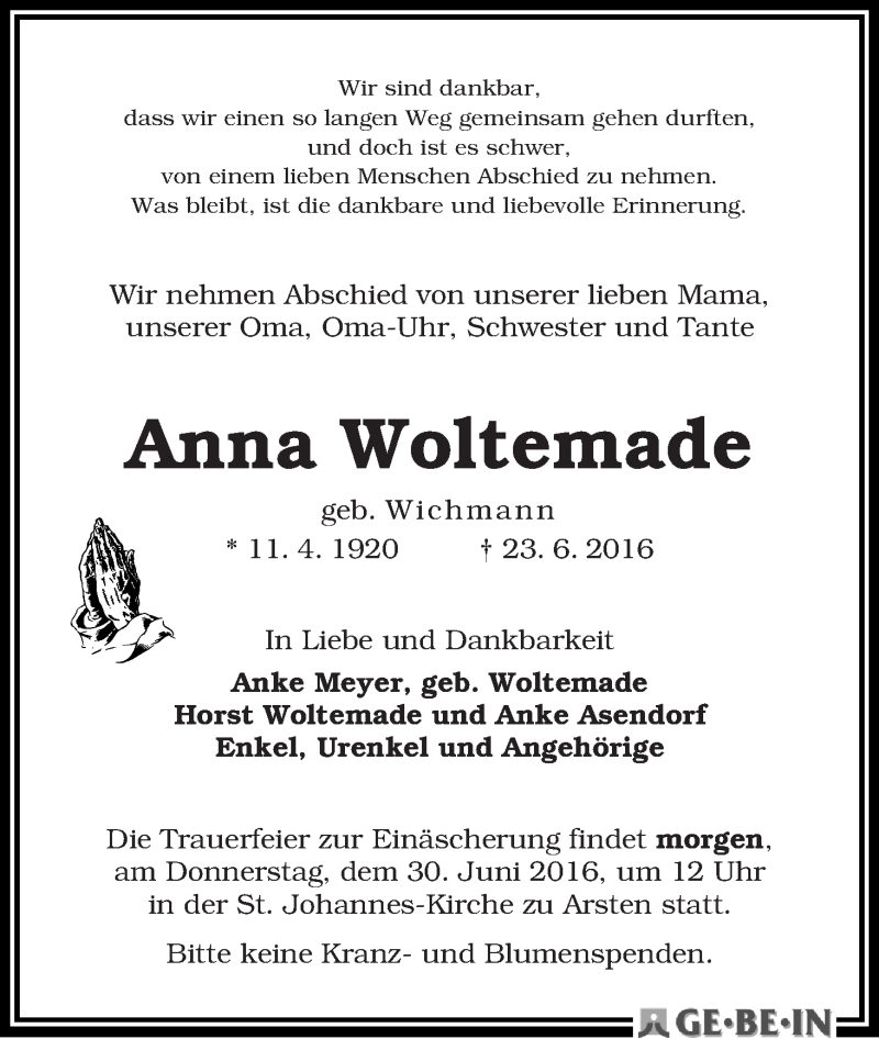Traueranzeige von Anna Woltemade von WESER-KURIER