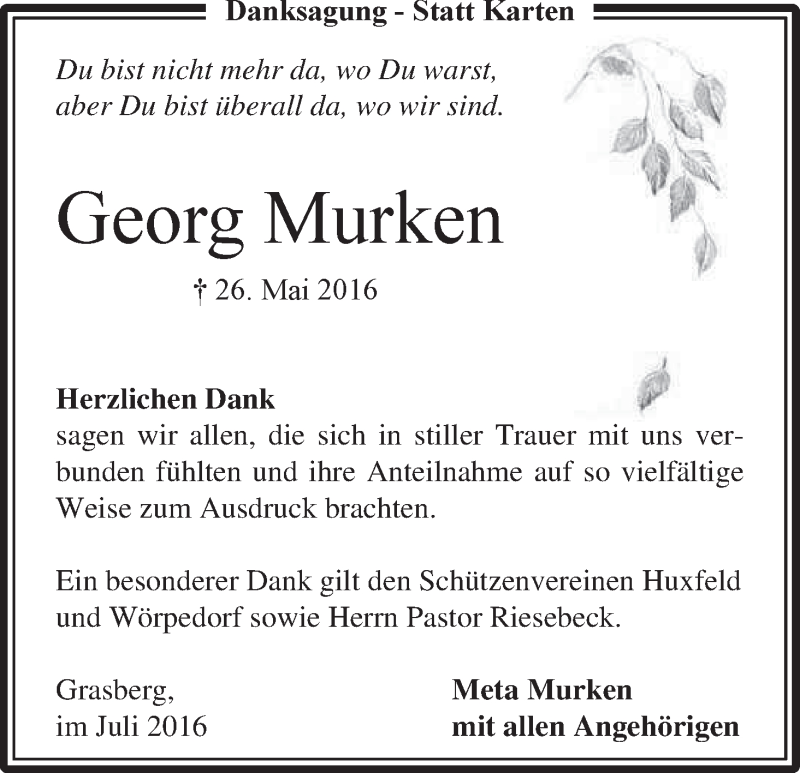 Traueranzeige von Georg Murken von Wuemme Zeitung