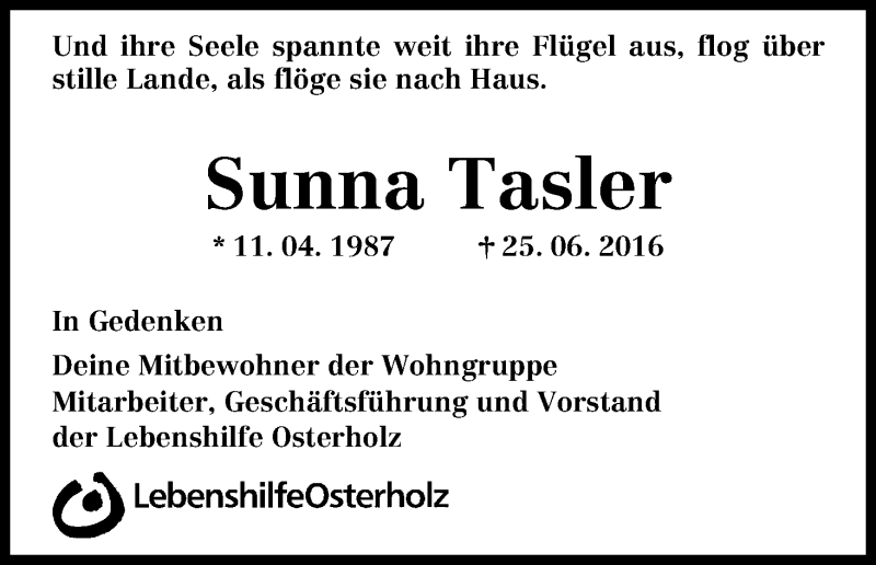 Traueranzeige von Sunna Tasler von Osterholzer Kreisblatt