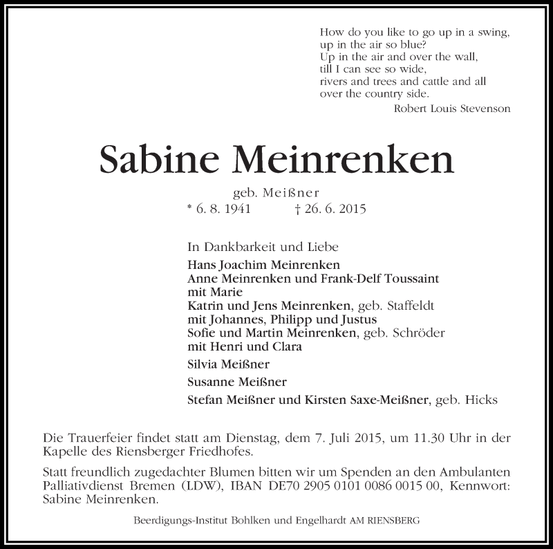 Traueranzeige von Sabine Meinrenken von WESER-KURIER