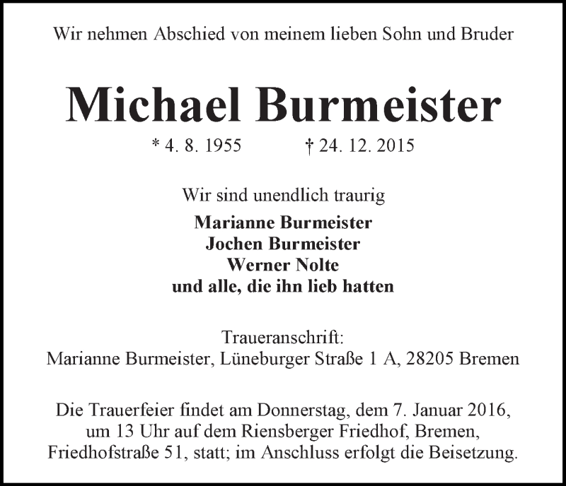 Traueranzeige von Michael Burmeister von WESER-KURIER