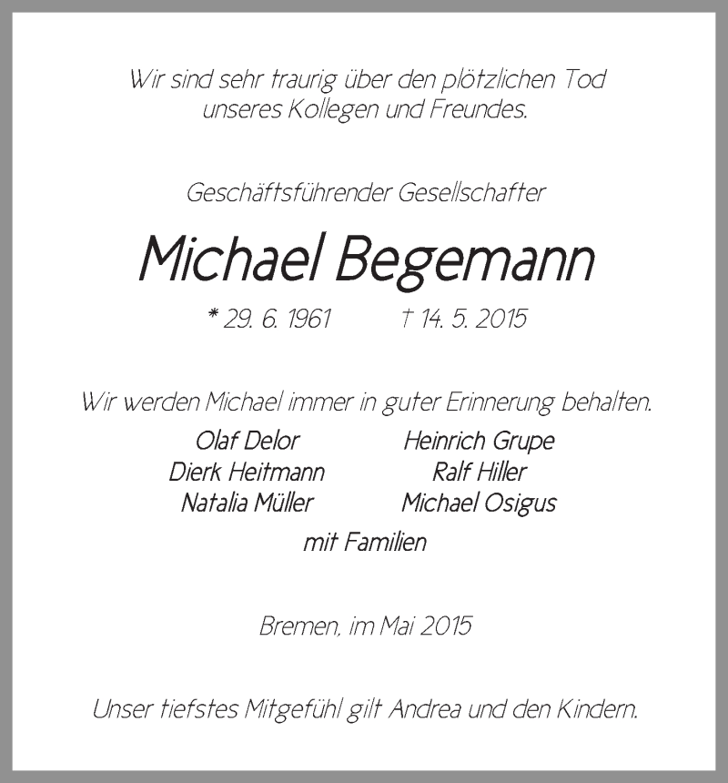 Traueranzeige von Michael Begemann von WESER-KURIER