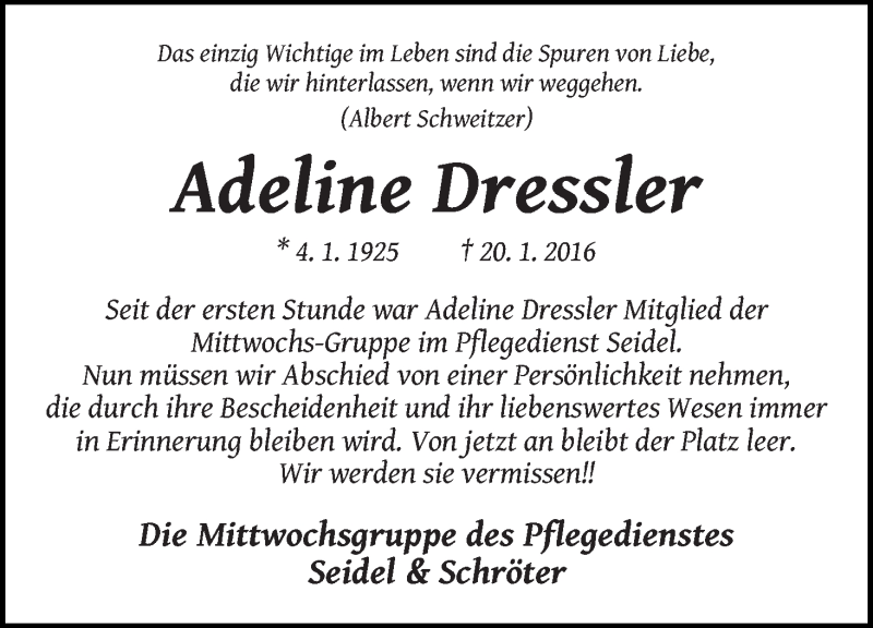 Traueranzeige von Adeline Dressler von WESER-KURIER