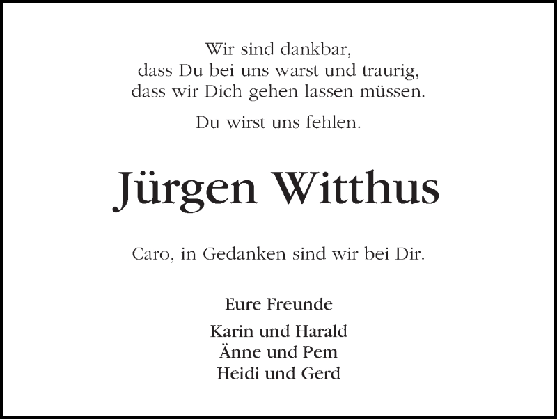 Traueranzeige von Jürgen Witthus von Die Norddeutsche