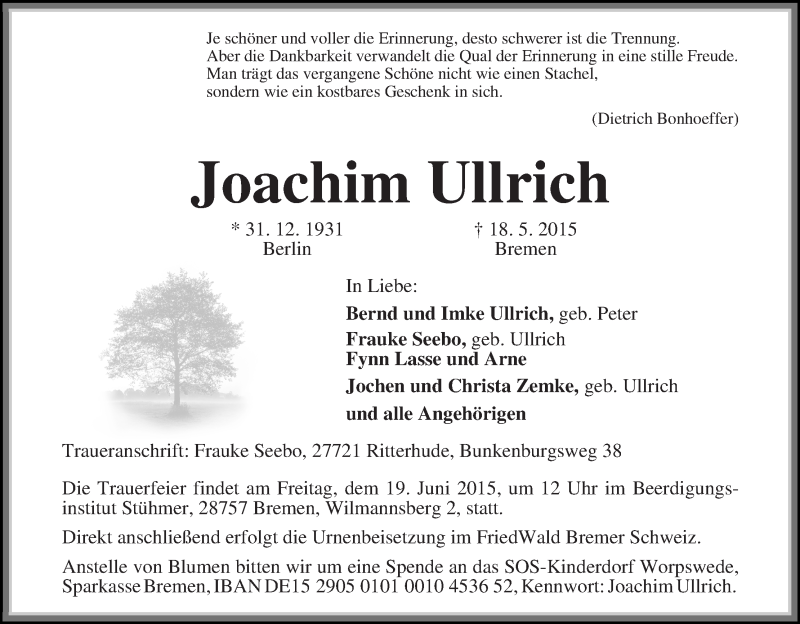Traueranzeige von Joachim Ullrich von WESER-KURIER