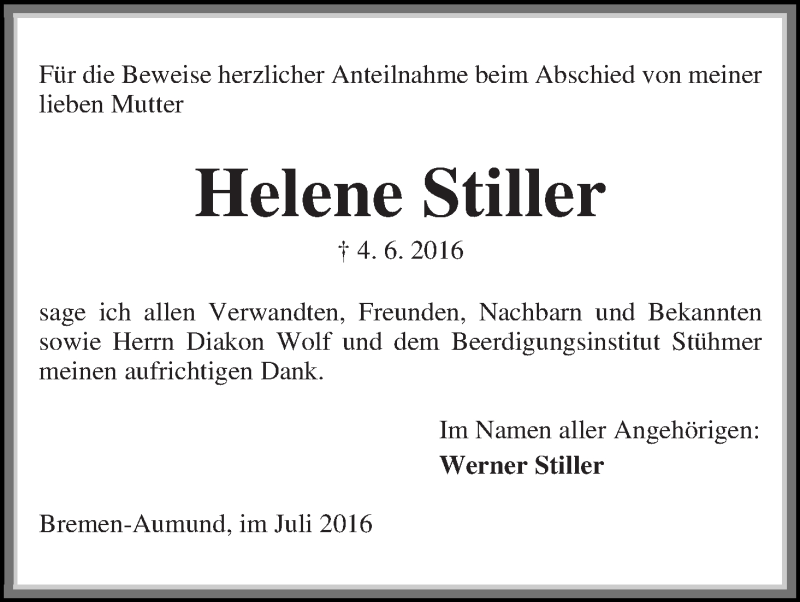 Traueranzeige von Helene Stiller von Die Norddeutsche