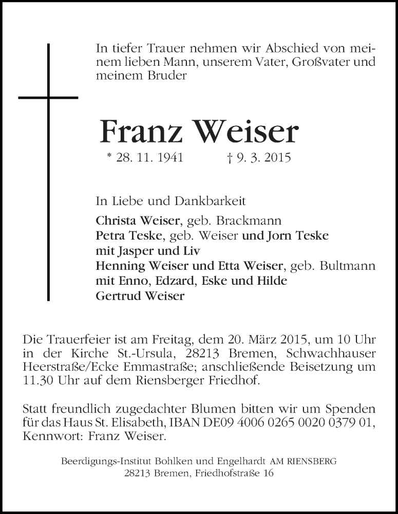 Traueranzeige von Franz Weiser von WESER-KURIER