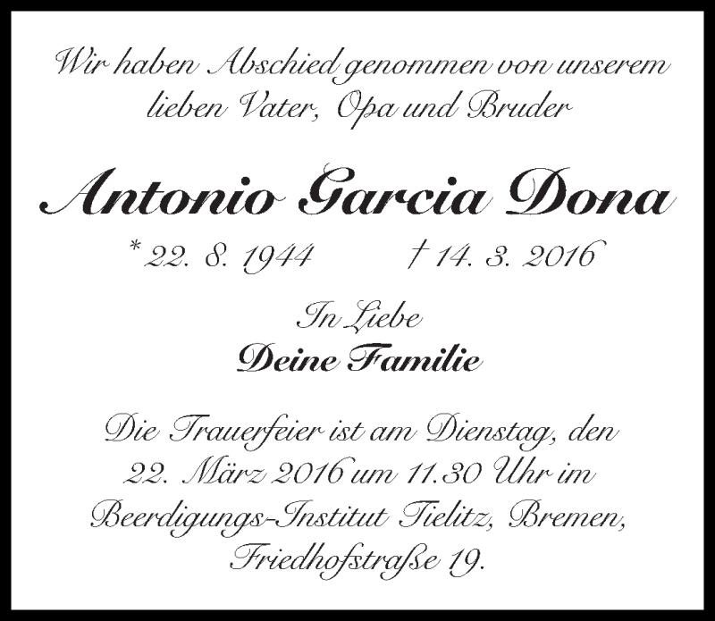 Traueranzeige von Antonio Garcia Dona von WESER-KURIER