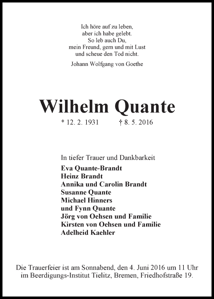 Traueranzeige von Wilhelm Quante von WESER-KURIER