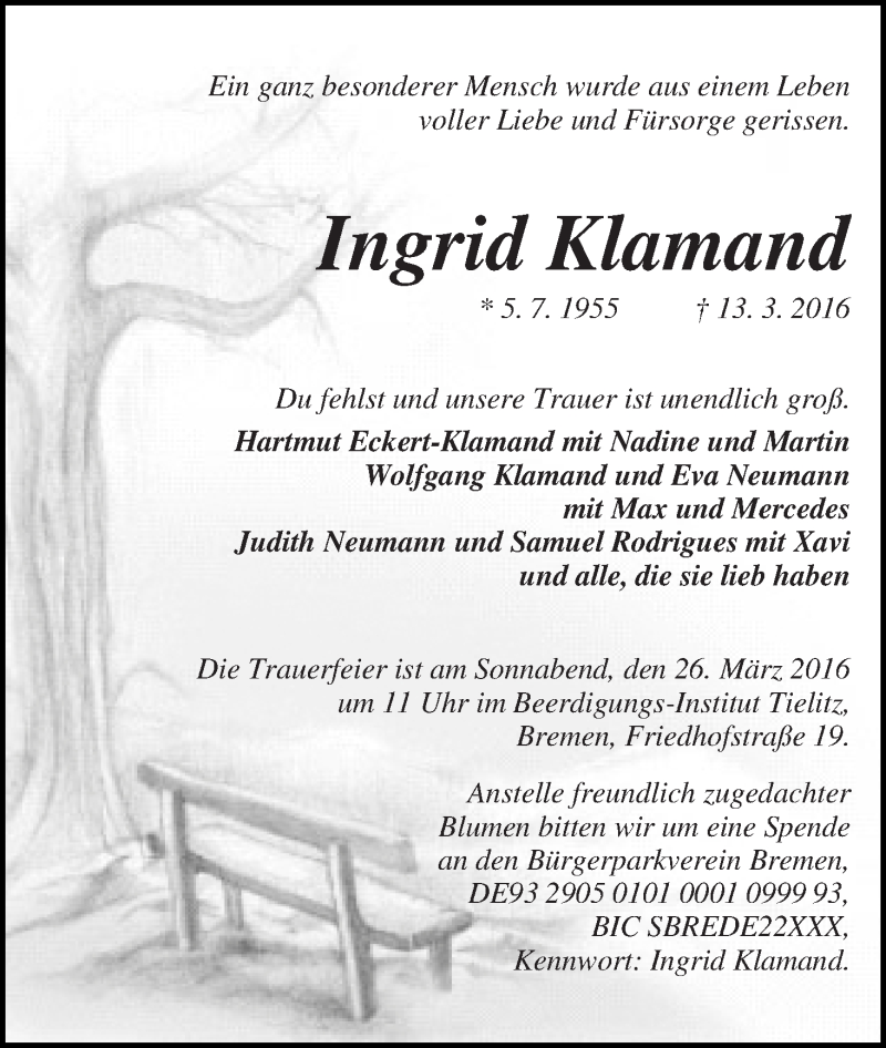 Traueranzeige von Ingrid Klamand von WESER-KURIER