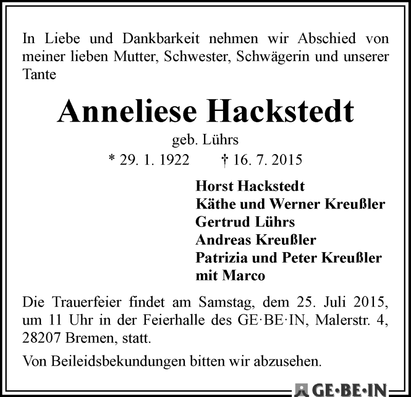 Traueranzeige von Anneliese Hackstedt von WESER-KURIER