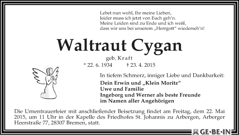 Traueranzeige von Waltraut Cygan von WESER-KURIER