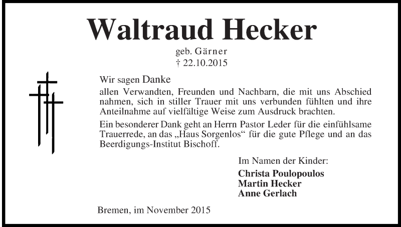Traueranzeige von Waltraud Hecker von Die Norddeutsche