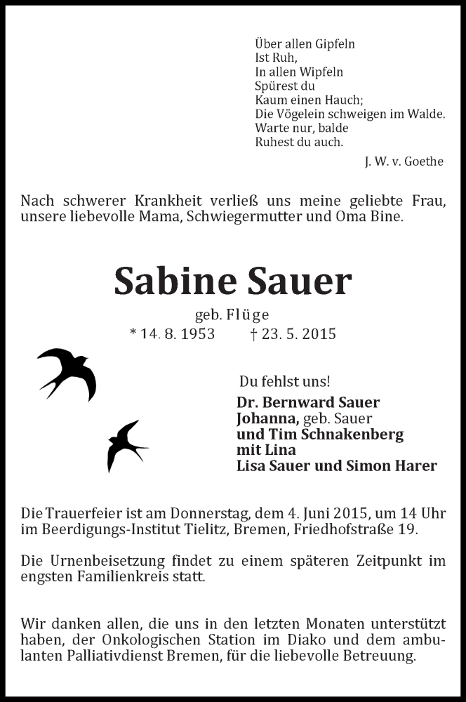 Traueranzeige von Sabine Sauer von WESER-KURIER