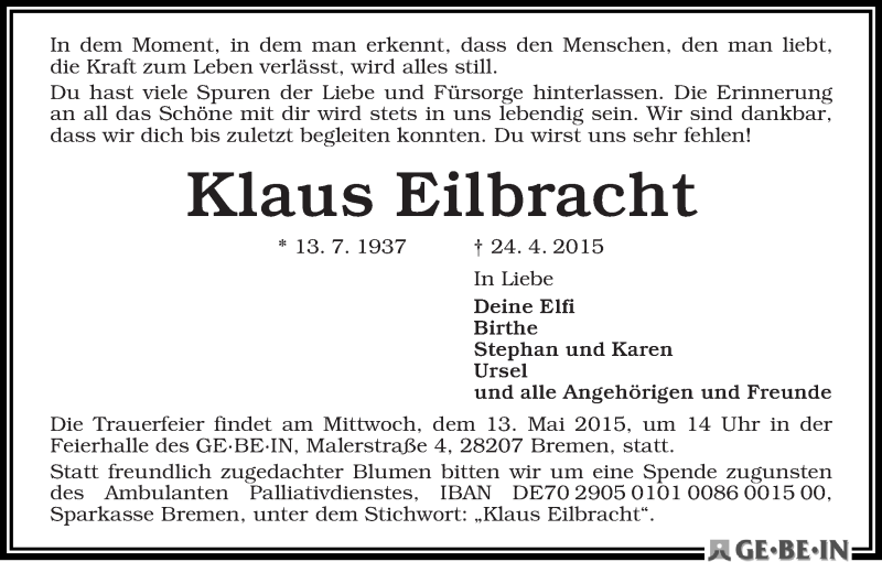 Traueranzeige von Klaus Eilbracht von WESER-KURIER