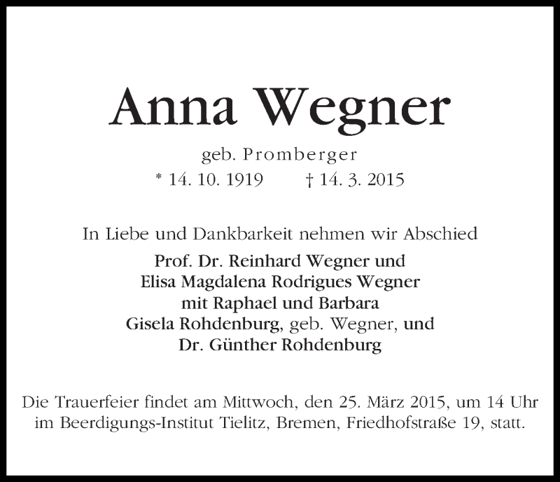 Traueranzeige von Anna Wegner von WESER-KURIER