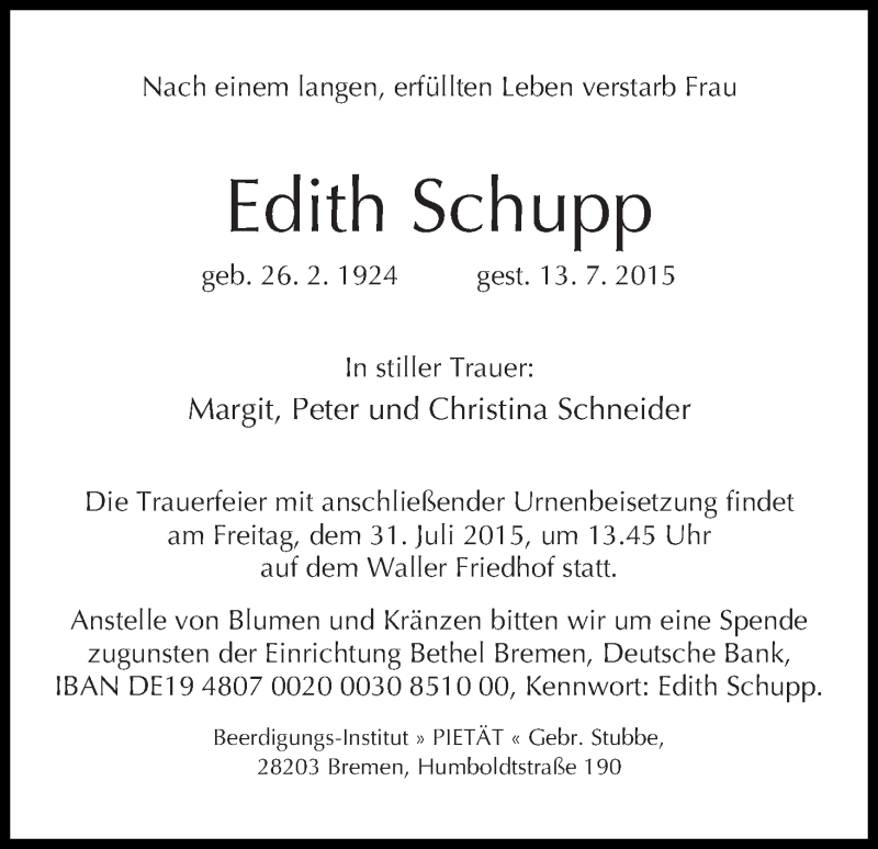 Traueranzeige von Edith Schupp von WESER-KURIER