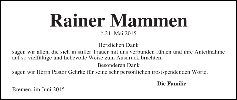 Traueranzeige von Rainer Mammen von WESER-KURIER