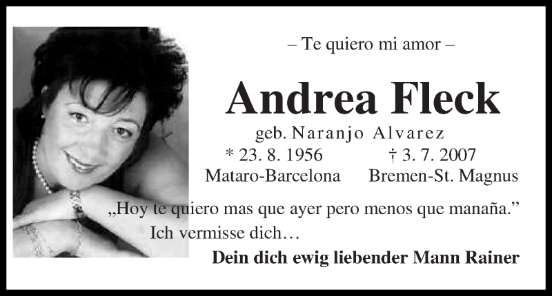 Traueranzeige von Andrea Fleck von Die Norddeutsche