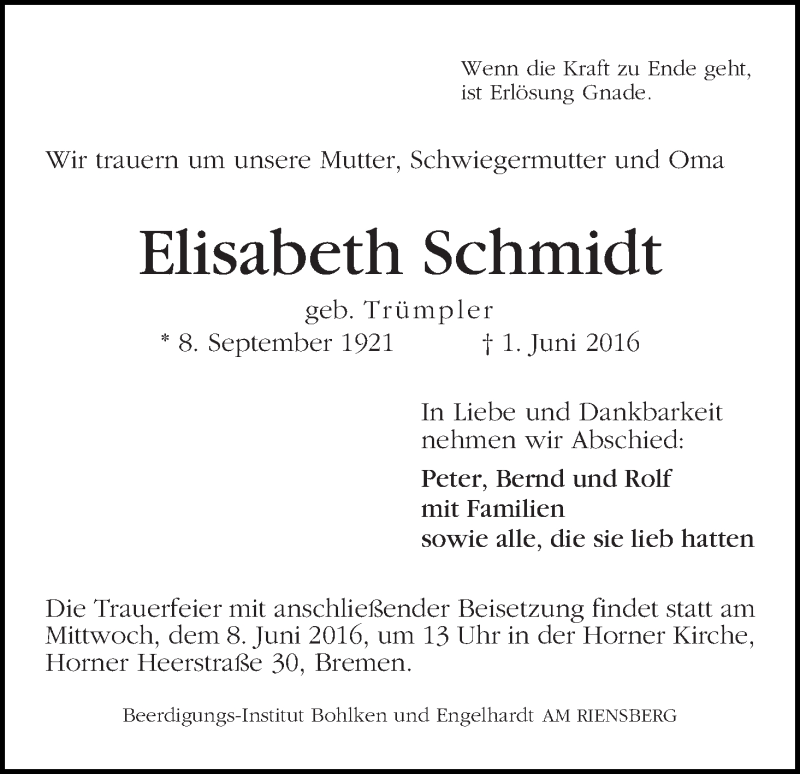 Traueranzeige von Elisabeth Schmidt von WESER-KURIER