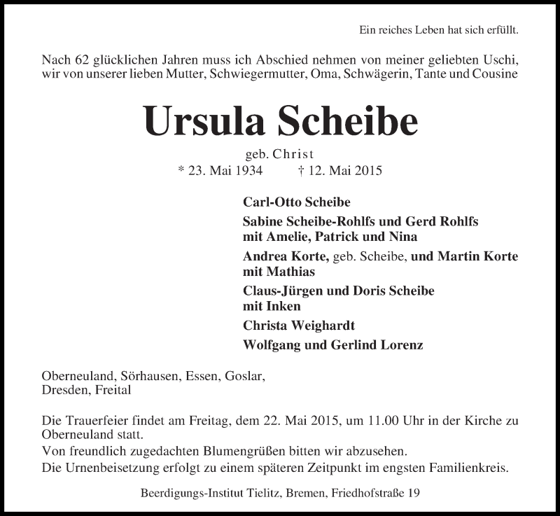 Traueranzeige von Ursula Scheibe von WESER-KURIER