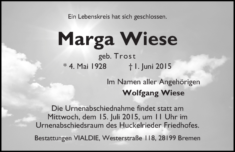 Traueranzeige von Marga Wiese von WESER-KURIER