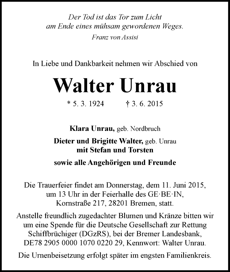 Traueranzeige von Walter Unrau von WESER-KURIER